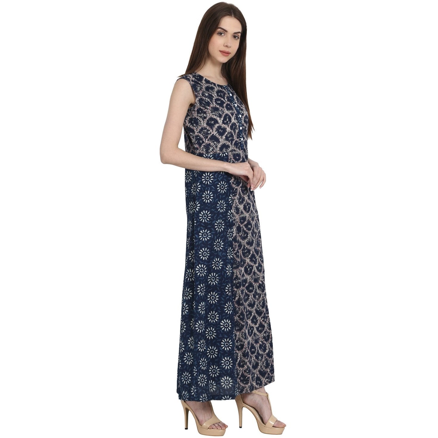 Women's Blue Printed Sleevless Rayon Kurta