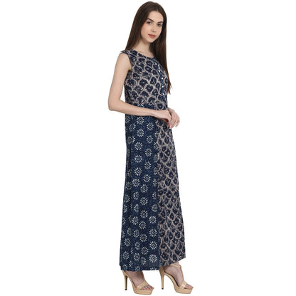 Women's Blue Printed Sleevless Rayon Kurta