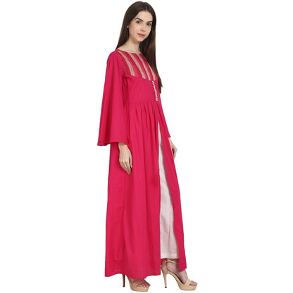Women's Red Full Sleeve Rayon Front Open A-Line Kurta