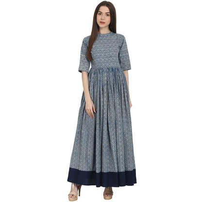 Women's Blue Printed Half Sleeve Cotton Anarkali Kurta
