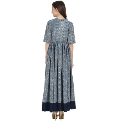 Women's Blue Printed Half Sleeve Cotton Anarkali Kurta