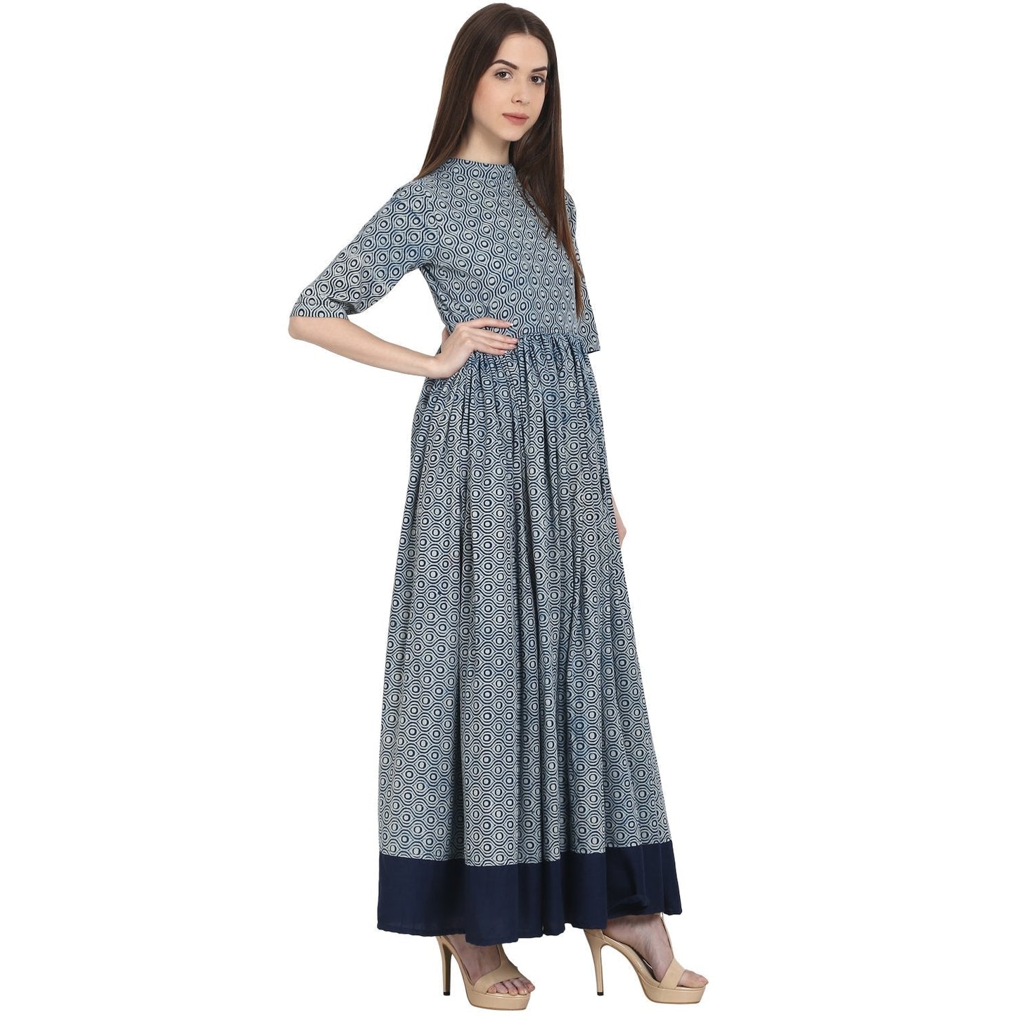 Women's Blue Printed Half Sleeve Cotton Anarkali Kurta