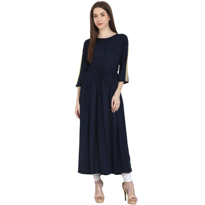 Women's Navy Blue 3/4 Sleeve Cotton Anarkali Kurta