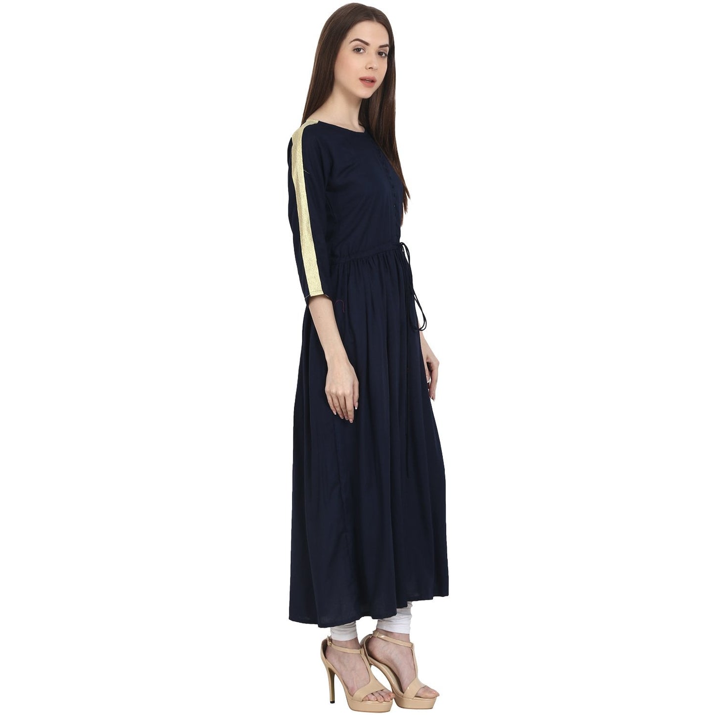 Women's Navy Blue 3/4 Sleeve Cotton Anarkali Kurta