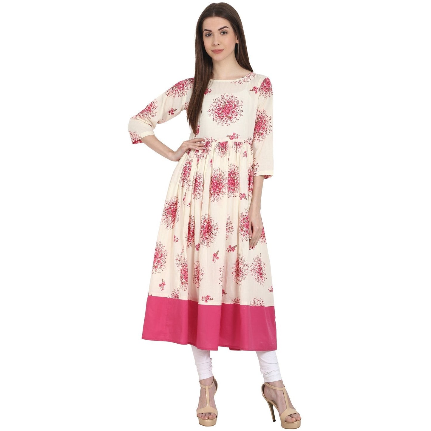 Women's Peach Printed 3/4 Sleeve Cotton Anarkali Kurta