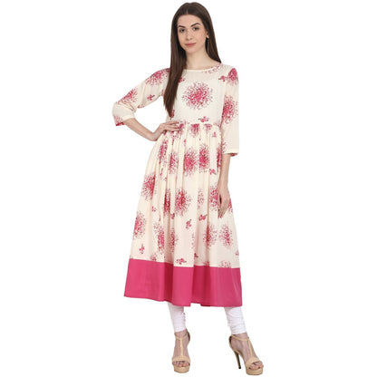 Women's Peach Printed 3/4 Sleeve Cotton Anarkali Kurta