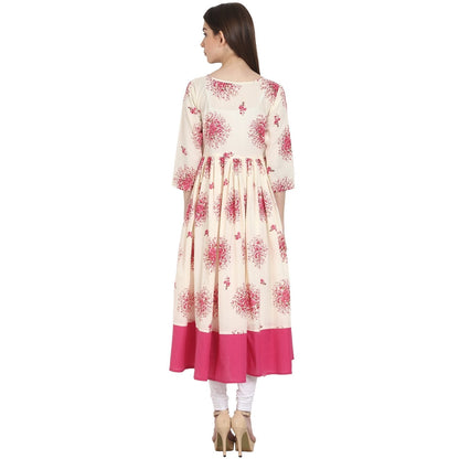 Women's Peach Printed 3/4 Sleeve Cotton Anarkali Kurta