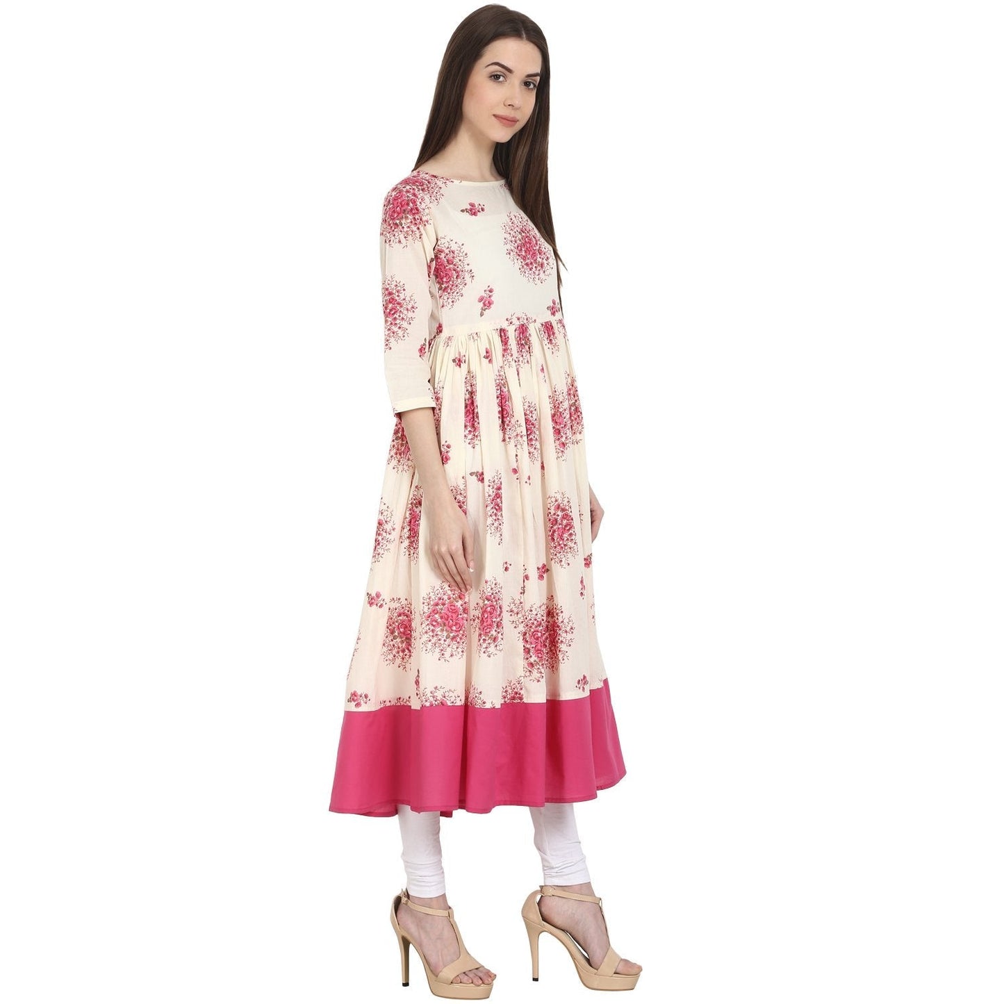 Women's Peach Printed 3/4 Sleeve Cotton Anarkali Kurta