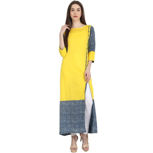 Women's Yellow & Blue 3/4 Sleeve Cotton Long Kurta