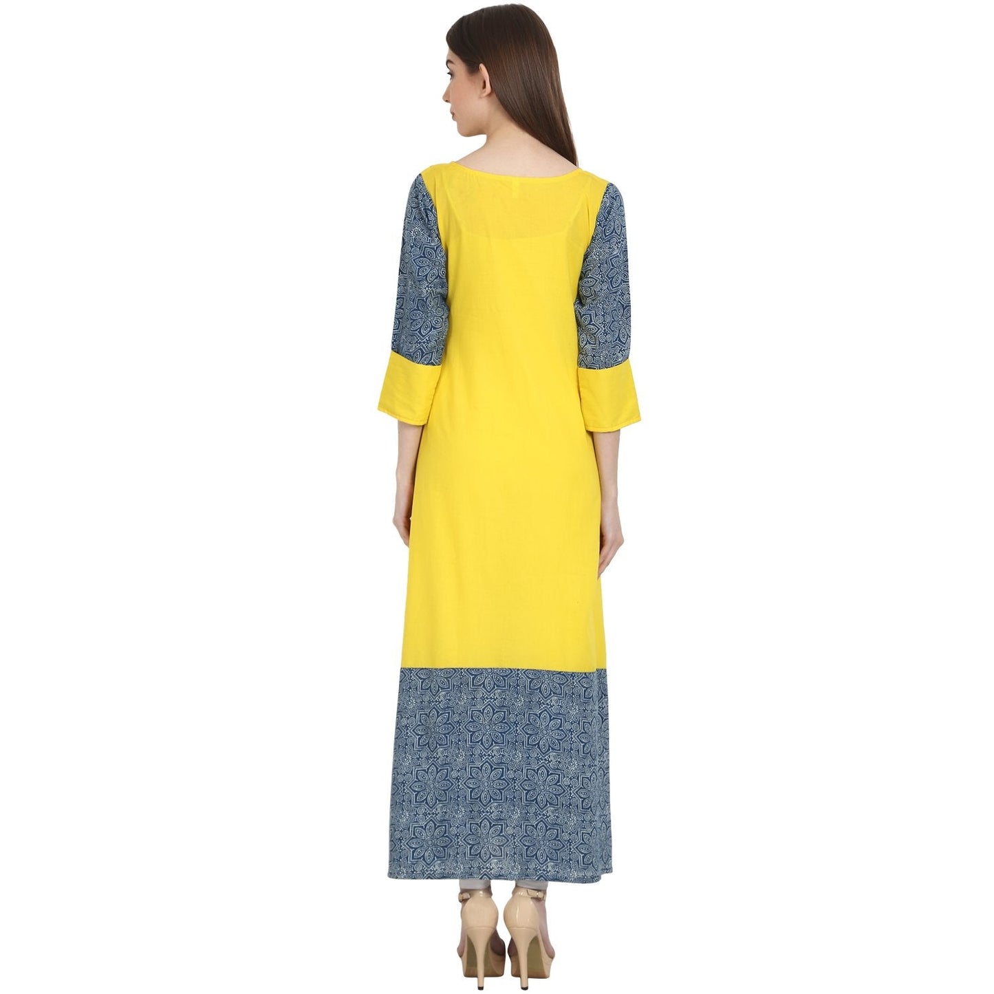 Women's Yellow & Blue 3/4 Sleeve Cotton Long Kurta