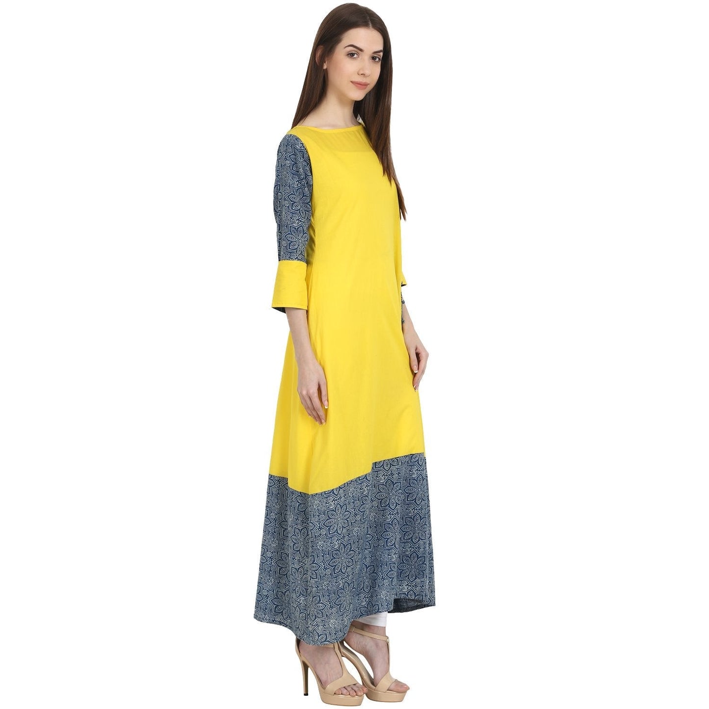Women's Yellow & Blue 3/4 Sleeve Cotton Long Kurta