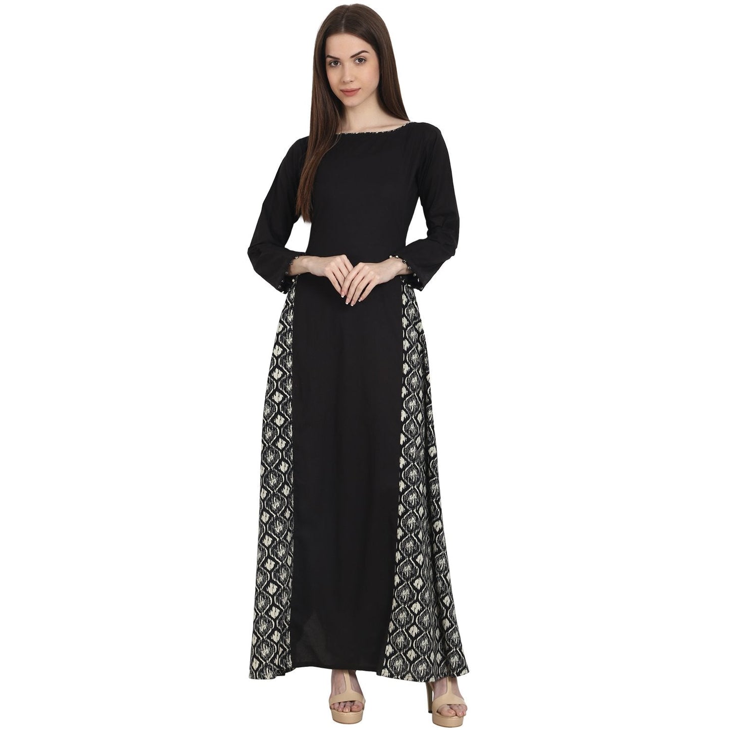 Women's Black Full Sleeve Cotton Floor Length A-Line Kurta