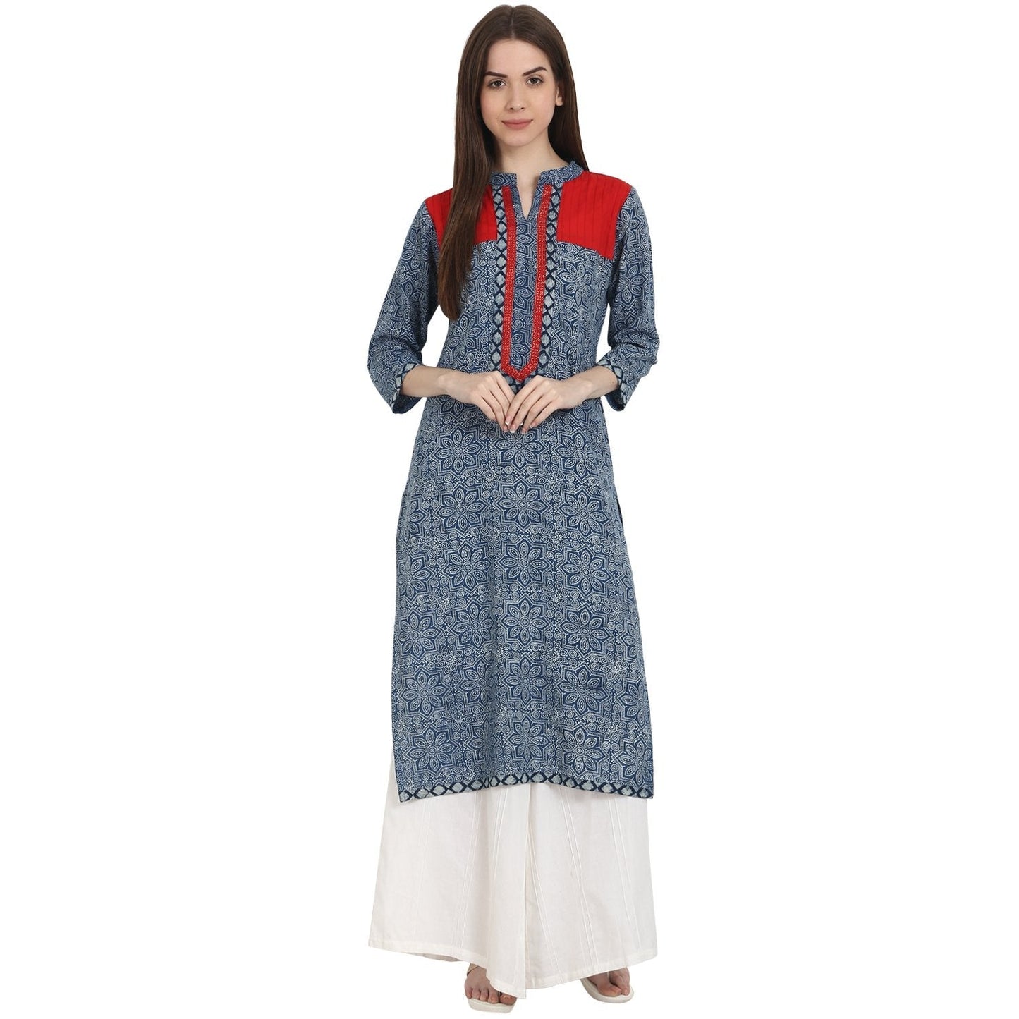 Women's Blue Printed 3/4 Sleeve Cotton Kurta