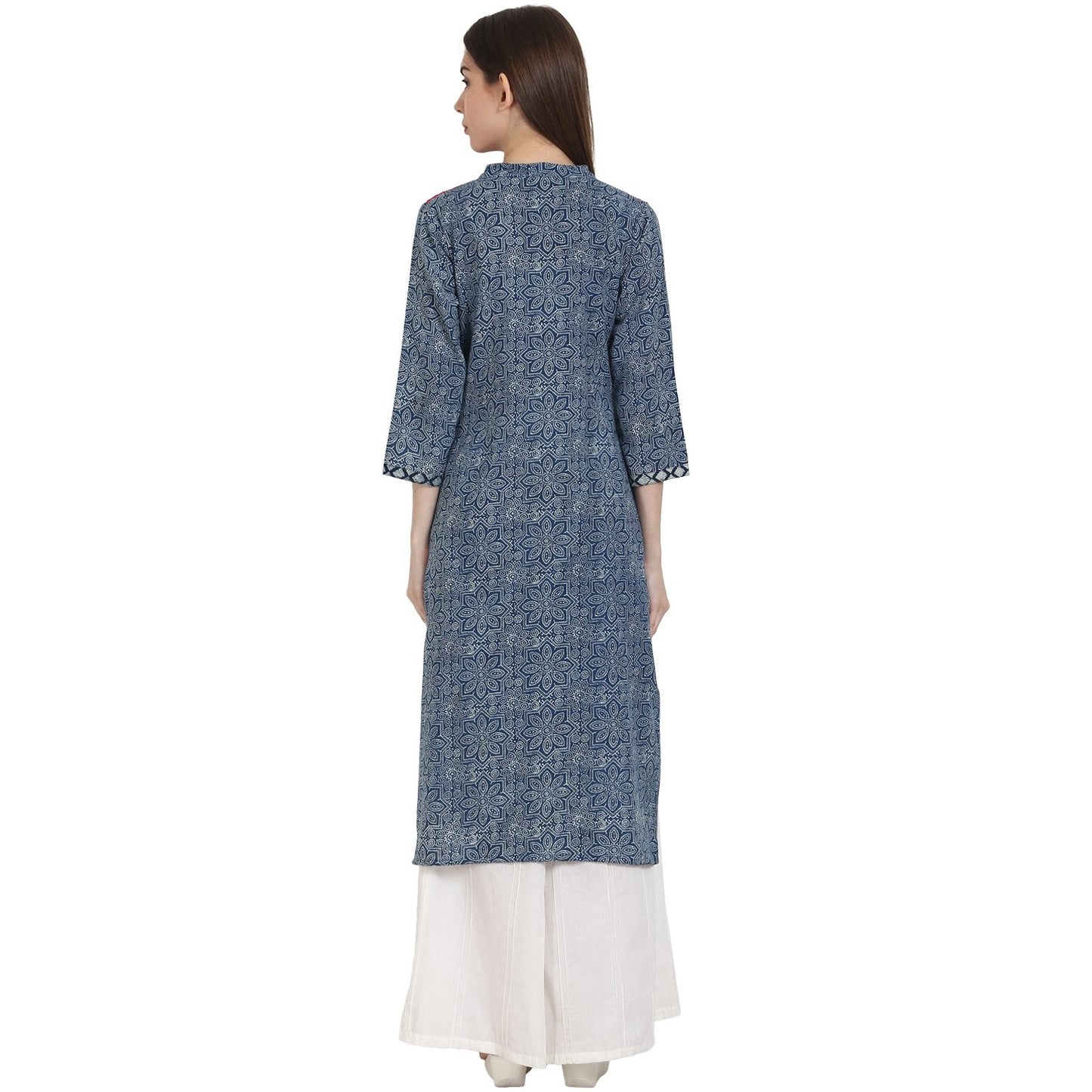 Women's Blue Printed 3/4 Sleeve Cotton Kurta
