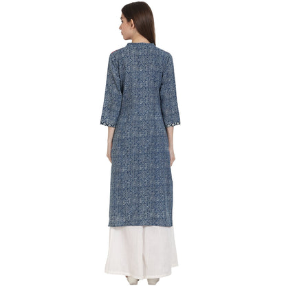 Women's Blue Printed 3/4 Sleeve Cotton Kurta