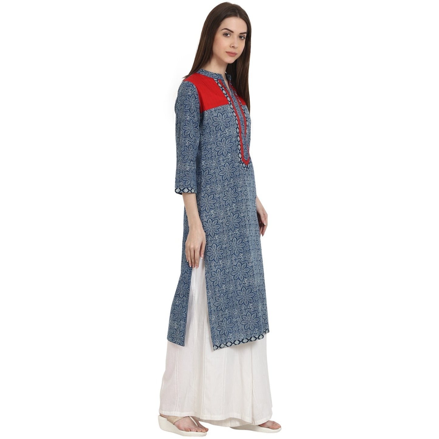 Women's Blue Printed 3/4 Sleeve Cotton Kurta