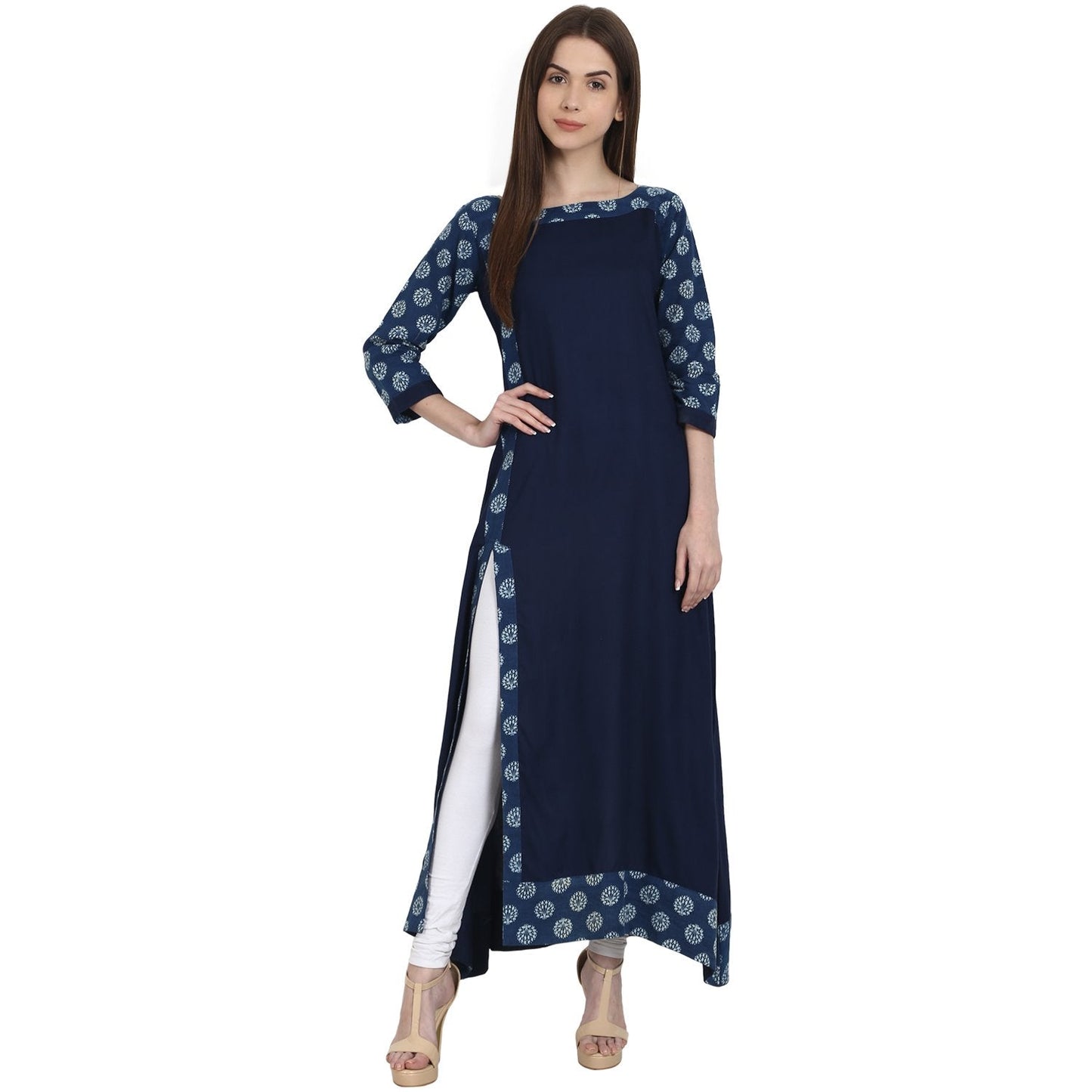 Women's Navy Blue 3/4 Sleeve Cotton Slub Long Kurta