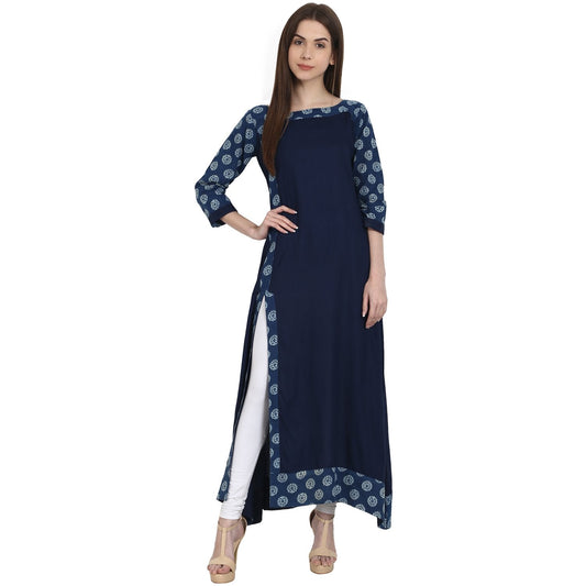 Women's Navy Blue 3/4 Sleeve Cotton Slub Long Kurta
