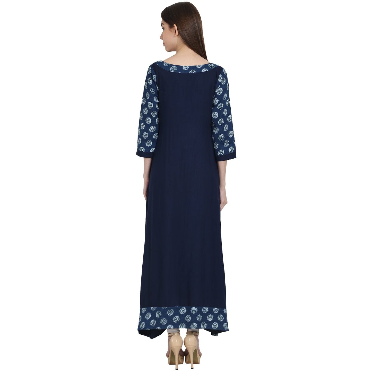 Women's Navy Blue 3/4 Sleeve Cotton Slub Long Kurta