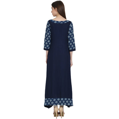 Women's Navy Blue 3/4 Sleeve Cotton Slub Long Kurta