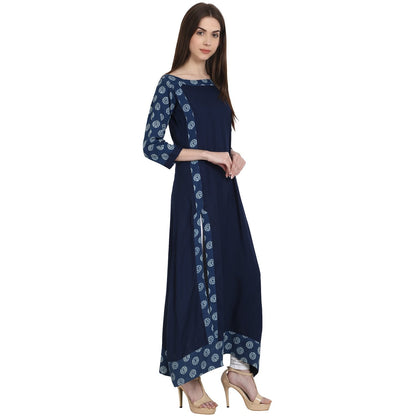 Women's Navy Blue 3/4 Sleeve Cotton Slub Long Kurta