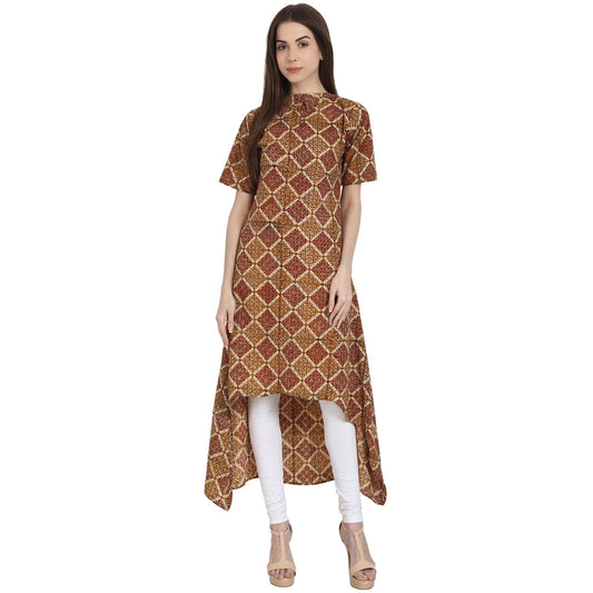 Women's Multi Printed Half Sleeve Low High Cotton Kurta