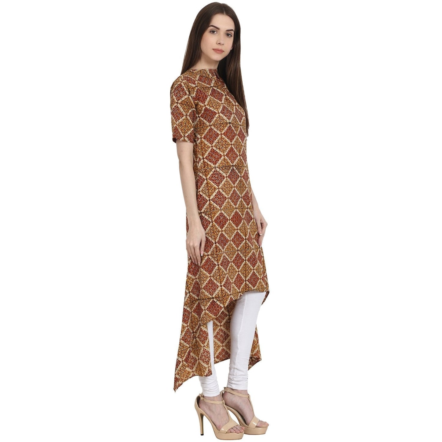 Women's Multi Printed Half Sleeve Low High Cotton Kurta