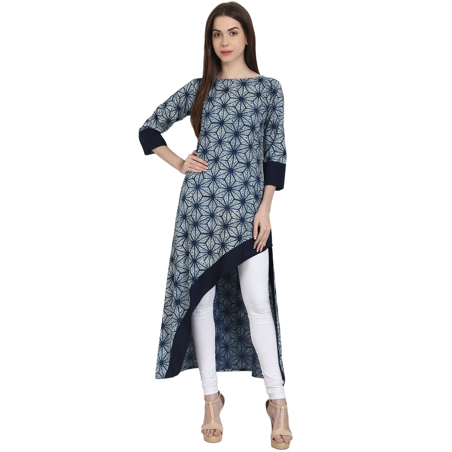 Women's Blue Printed 3/4 Sleeve Assymetrical Cotton Kurta