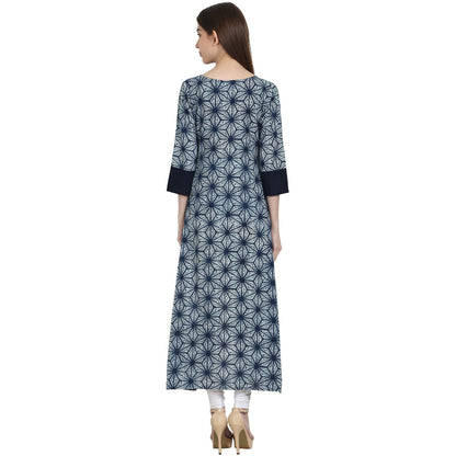 Women's Blue Printed 3/4 Sleeve Assymetrical Cotton Kurta
