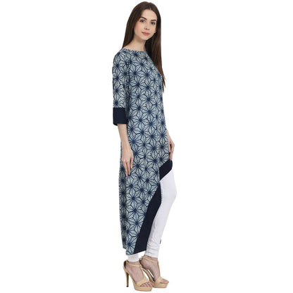 Women's Blue Printed 3/4 Sleeve Assymetrical Cotton Kurta