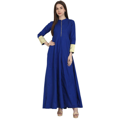 Women's Blue 3/4 Sleeve Cotton Floor Length Anarkali Kurta