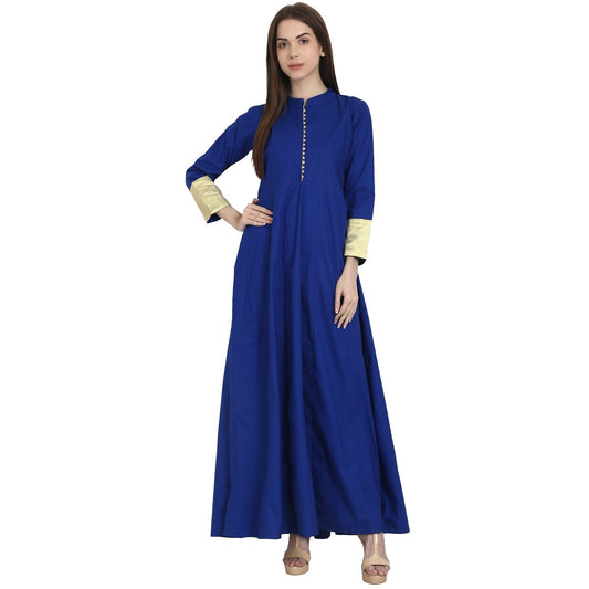 Women's Blue 3/4 Sleeve Cotton Floor Length Anarkali Kurta