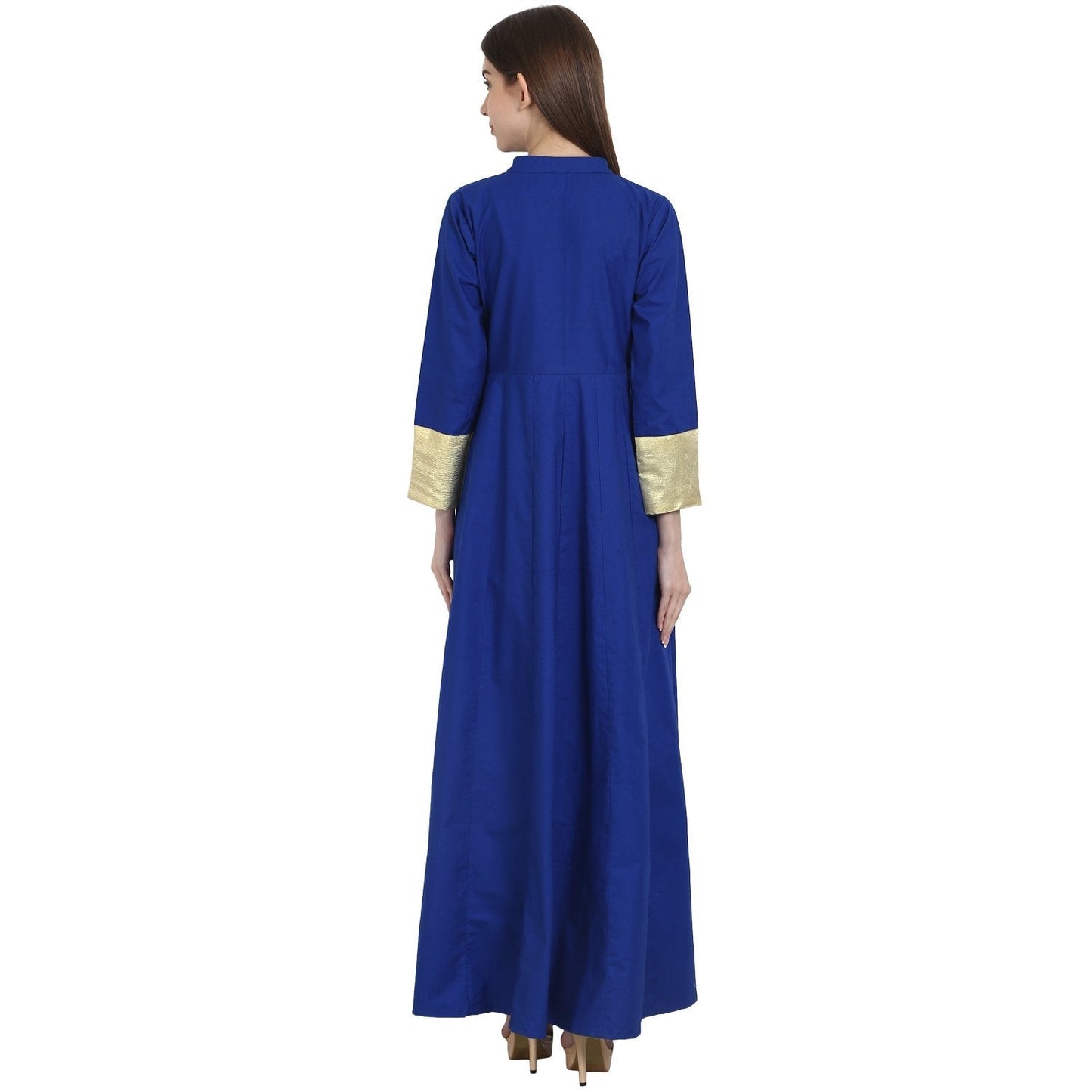 Women's Blue 3/4 Sleeve Cotton Floor Length Anarkali Kurta