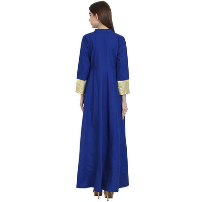 Women's Blue 3/4 Sleeve Cotton Floor Length Anarkali Kurta