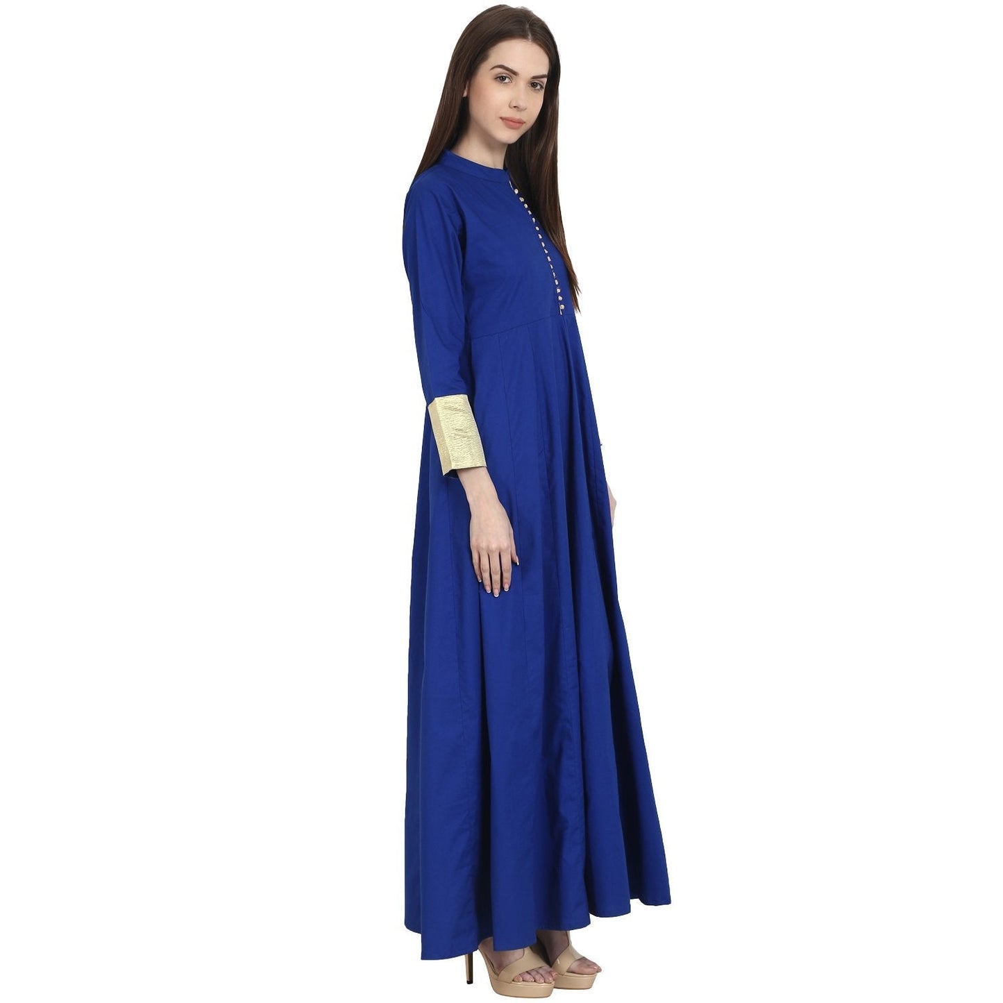 Women's Blue 3/4 Sleeve Cotton Floor Length Anarkali Kurta