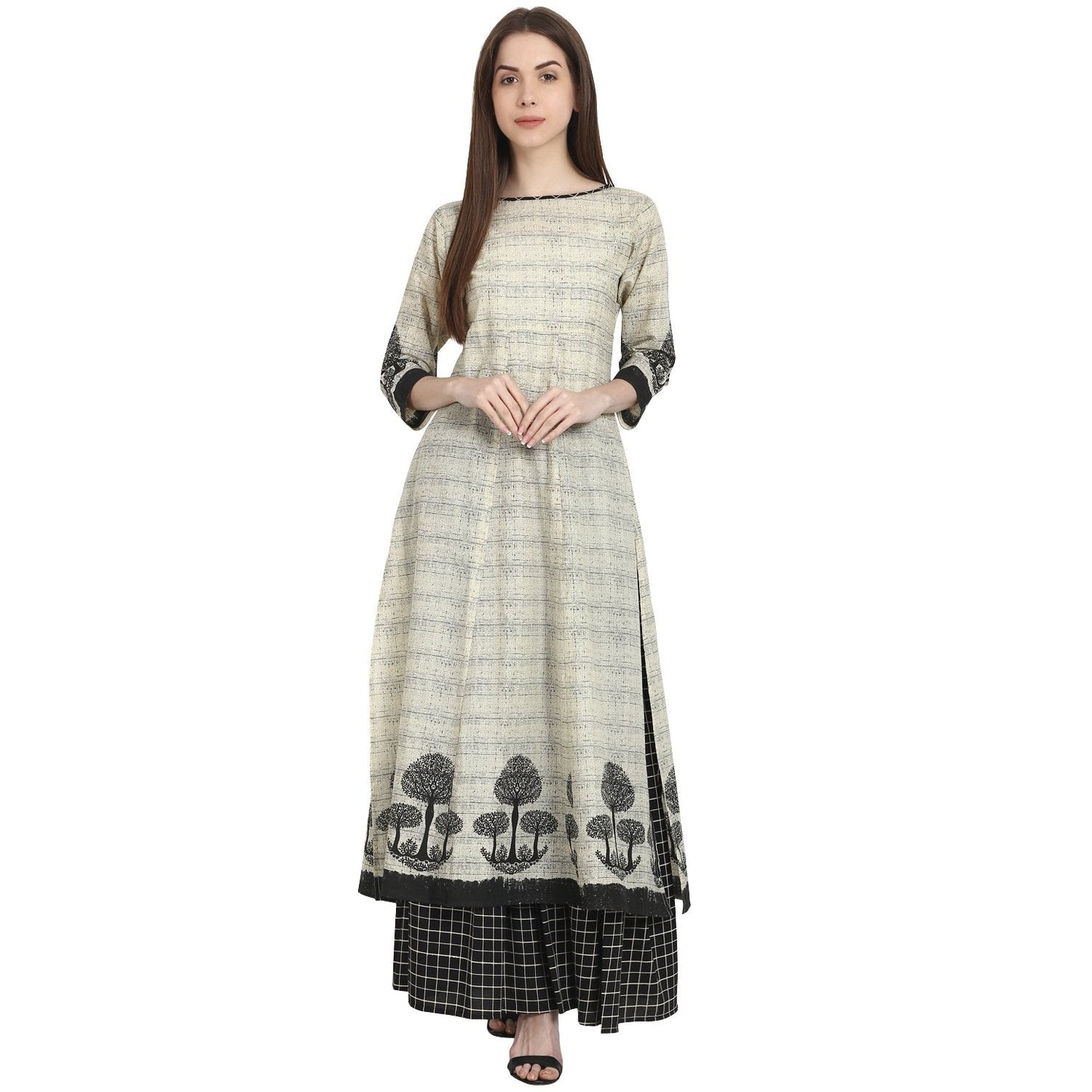 Women's Beige Tree Printed Cotton Kurta With Black Printed Skirt