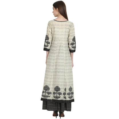Women's Beige Tree Printed Cotton Kurta With Black Printed Skirt