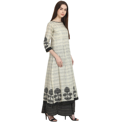 Women's Beige Tree Printed Cotton Kurta With Black Printed Skirt