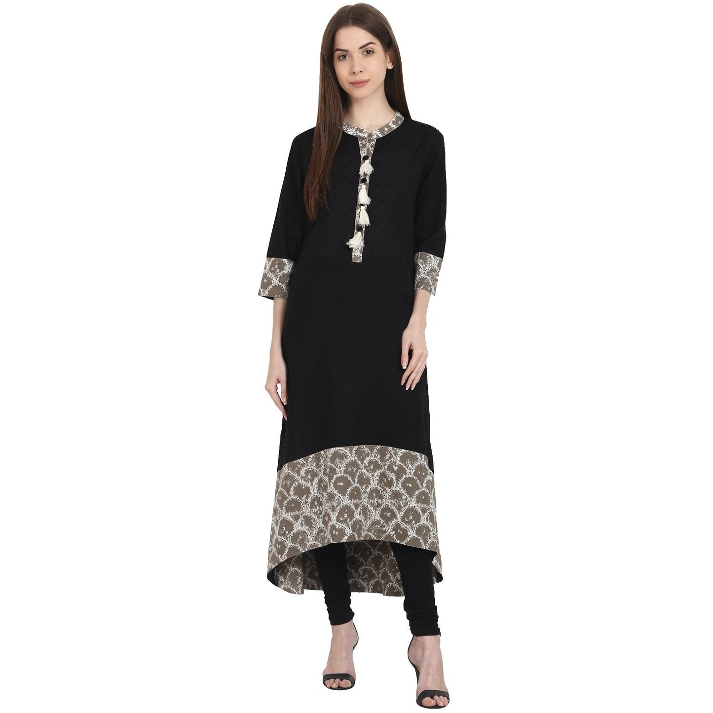 Women's Black 3/4 Sleeve Cotton Low High Kurta