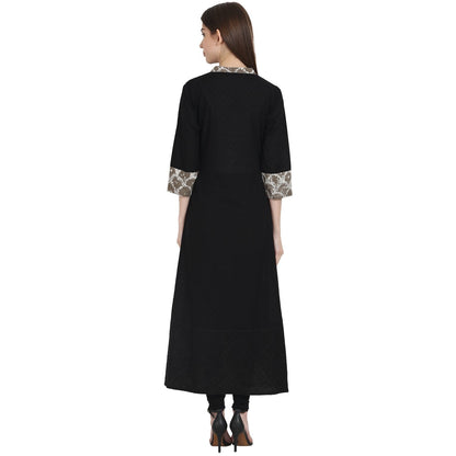Women's Black 3/4 Sleeve Cotton Low High Kurta