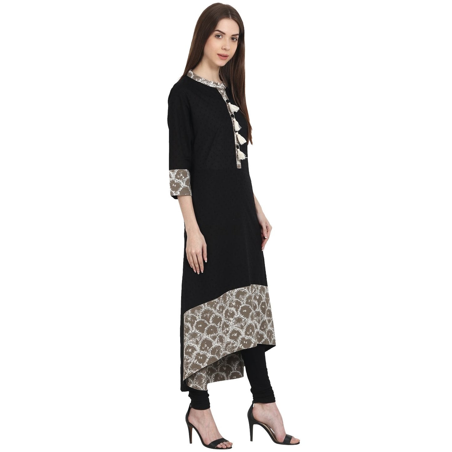 Women's Black 3/4 Sleeve Cotton Low High Kurta