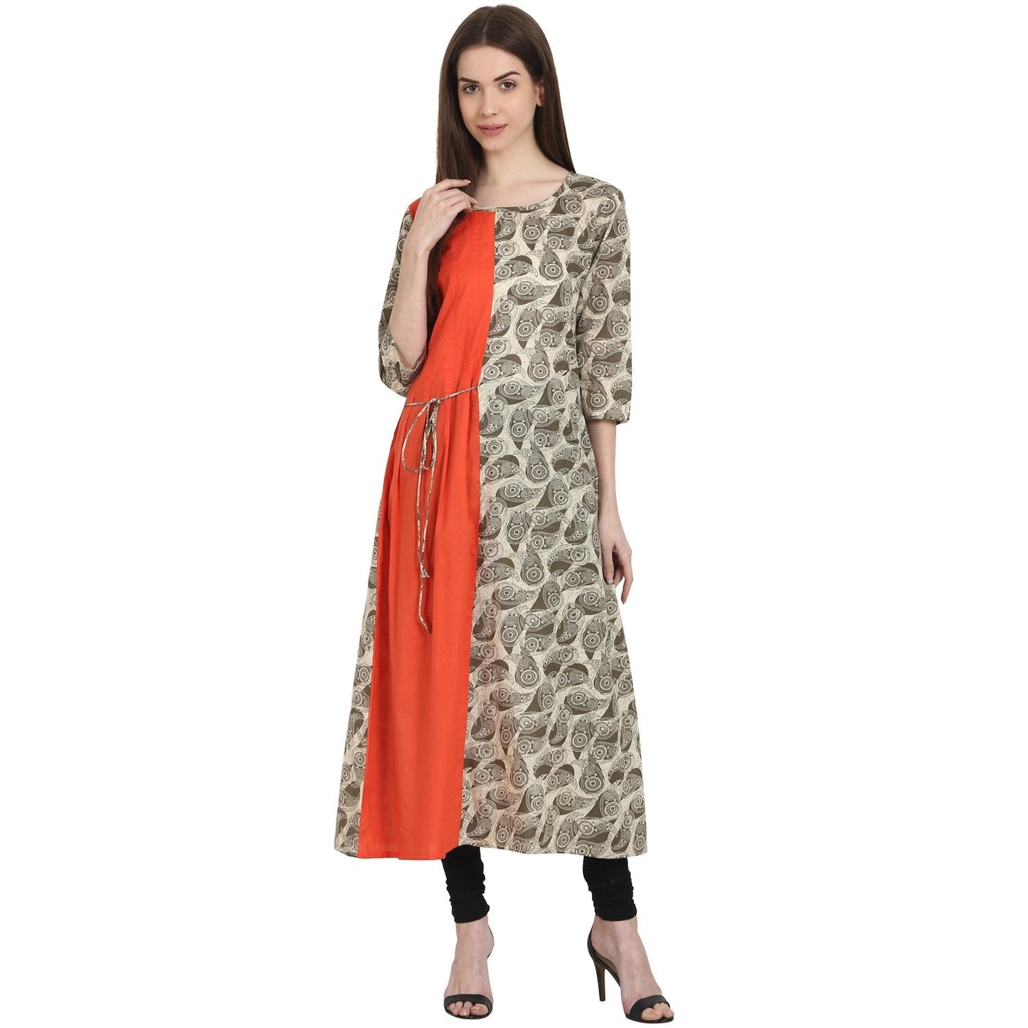 Women's Beige Printed 3/4 Sleeve Cotton Anarkali Kurta