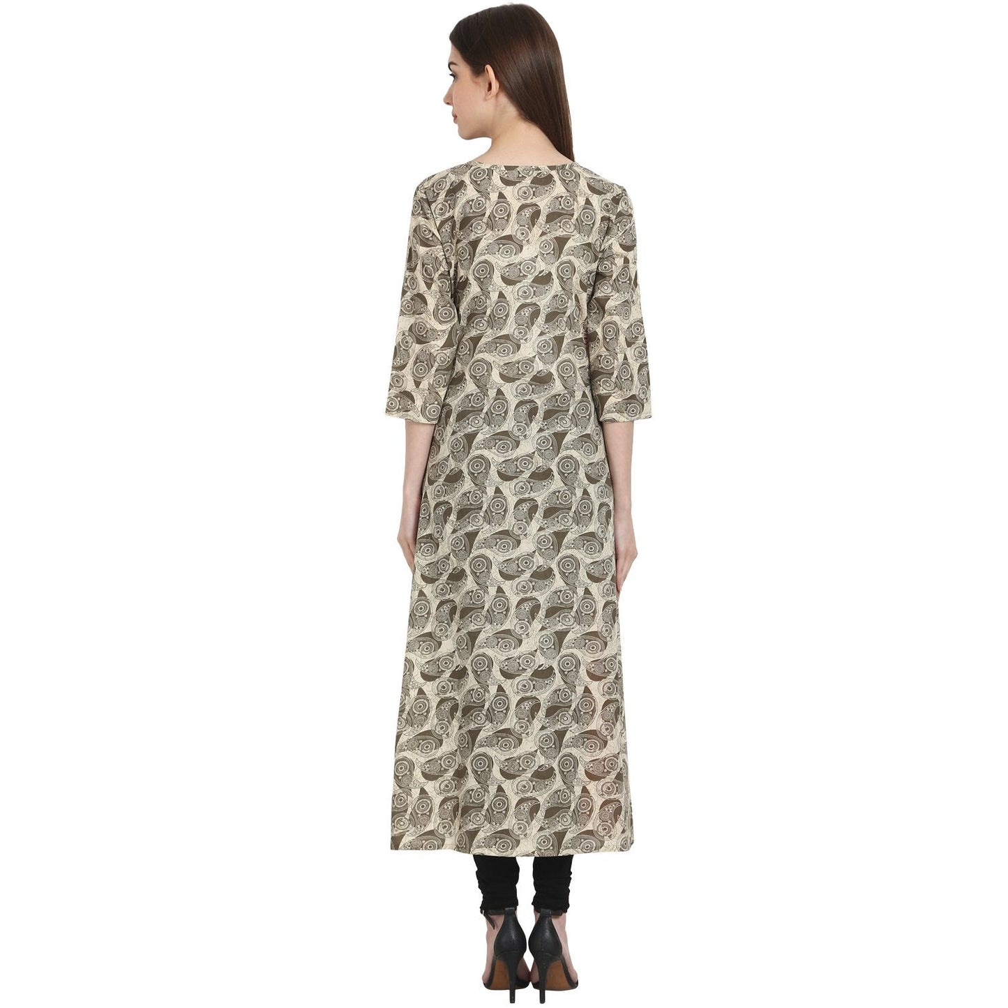 Women's Beige Printed 3/4 Sleeve Cotton Anarkali Kurta