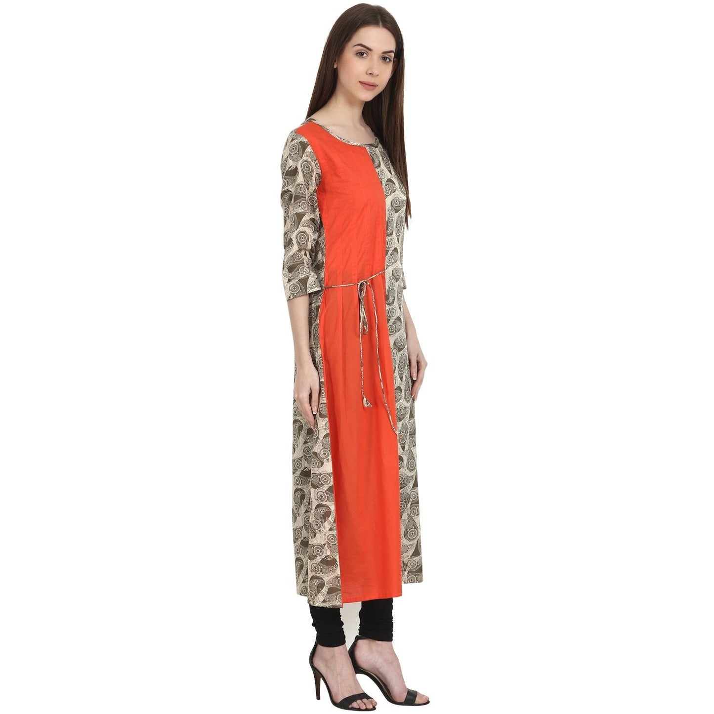 Women's Beige Printed 3/4 Sleeve Cotton Anarkali Kurta