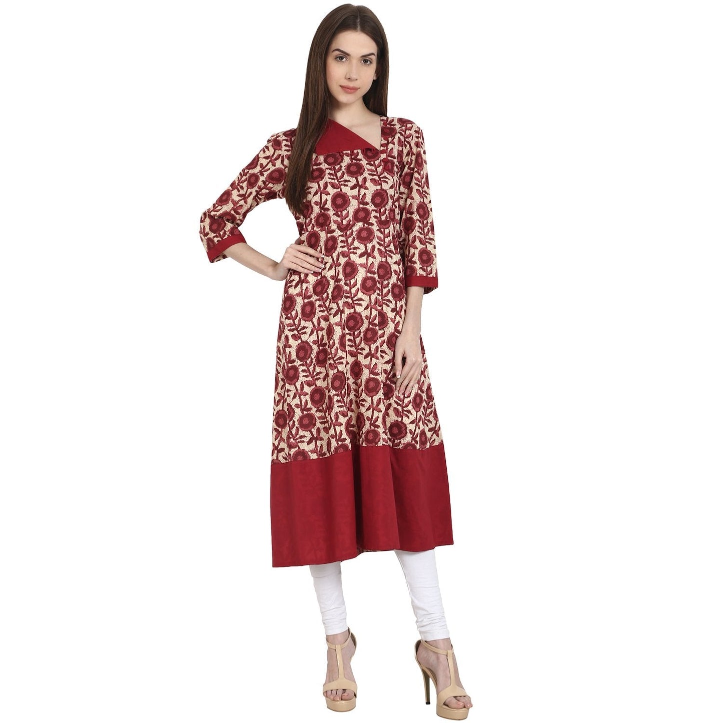 Women's Maroon Printed 3/4 Sleeve Cotton A-Line Kurta