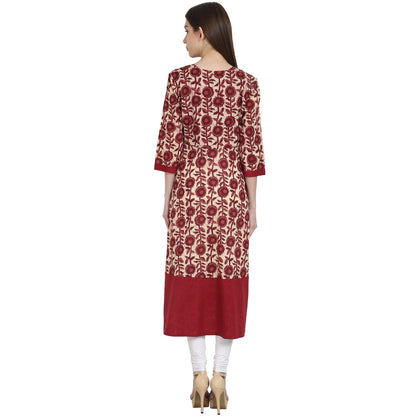 Women's Maroon Printed 3/4 Sleeve Cotton A-Line Kurta