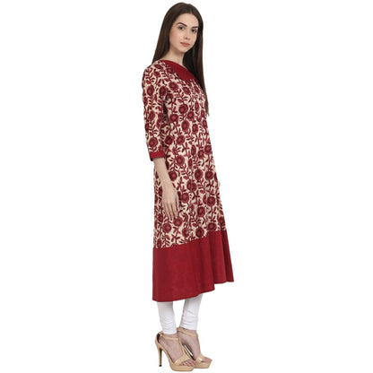 Women's Maroon Printed 3/4 Sleeve Cotton A-Line Kurta