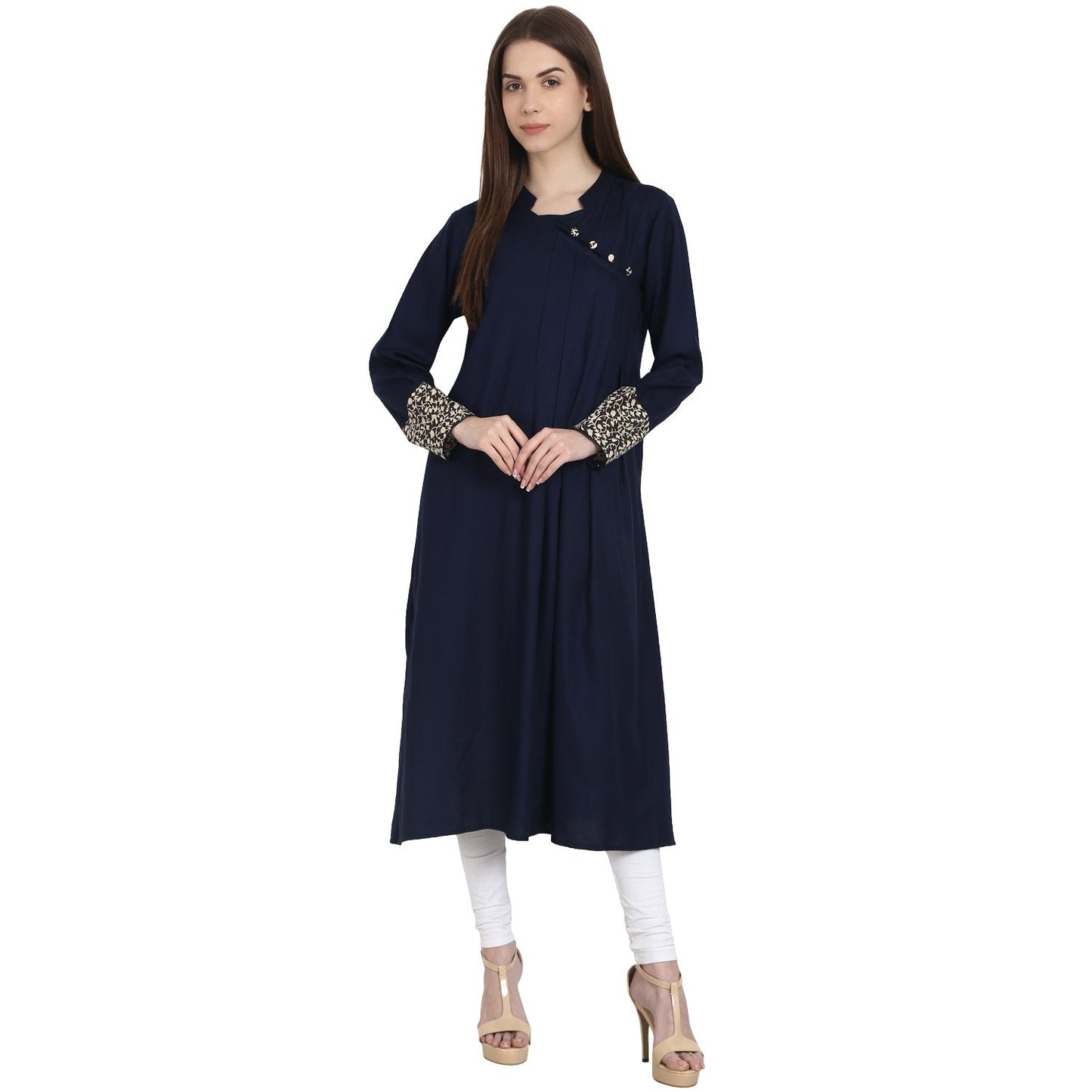 Women's Blue Full Sleeve Cotton A-Line Kurta