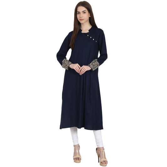Women's Blue Full Sleeve Cotton A-Line Kurta