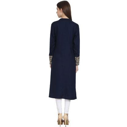 Women's Blue Full Sleeve Cotton A-Line Kurta